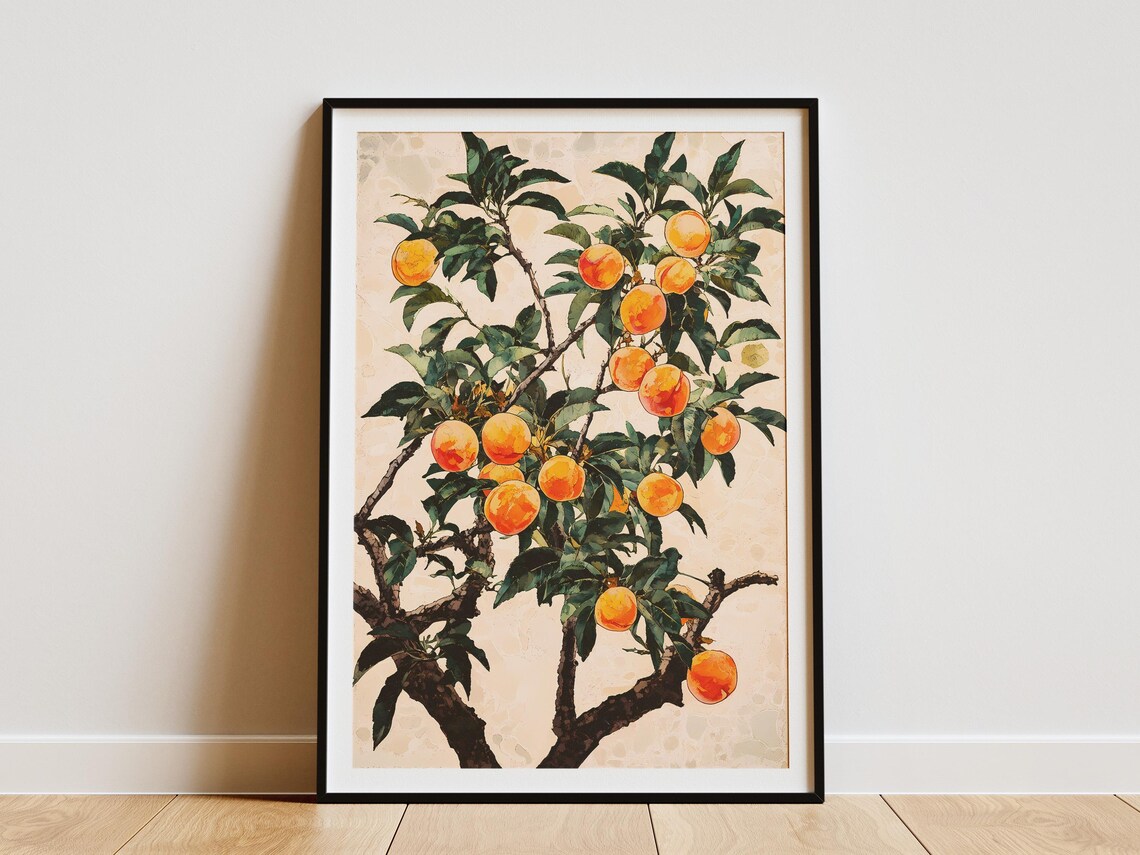 Ripe Peach Tree Branch Botanical Poster in Japanese Watercolor Style