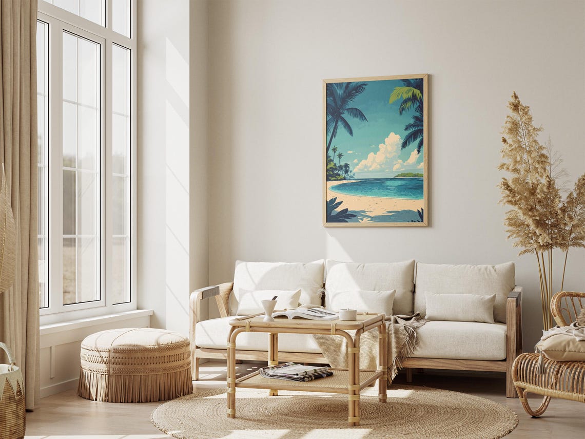 Turquoise Tropical Beach Palm Trees White Clouds Summer Poster - Image 4