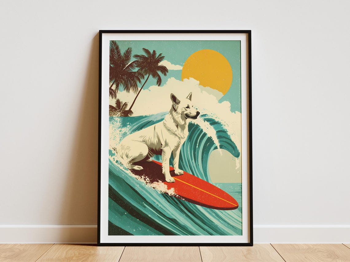 White Dog Surfing Retro Hawaiian Wave Tropical Sunset Art Poster