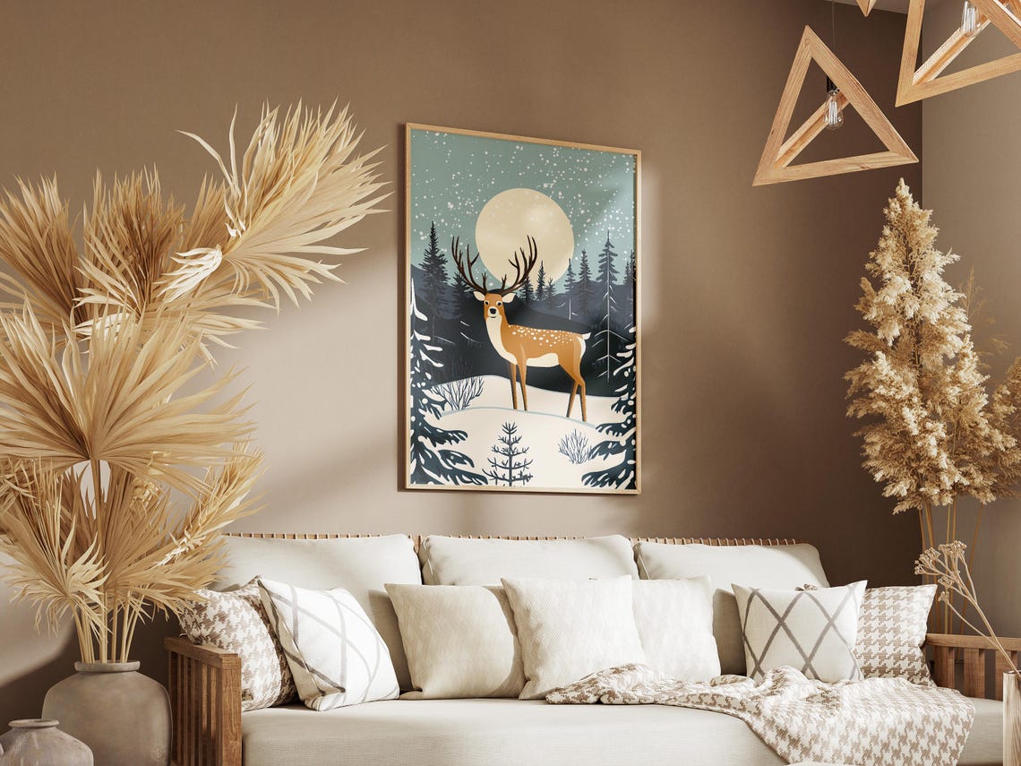 Lapland Winter Forest Deer under a Large Pale Moonlight Art Poster - Image 3