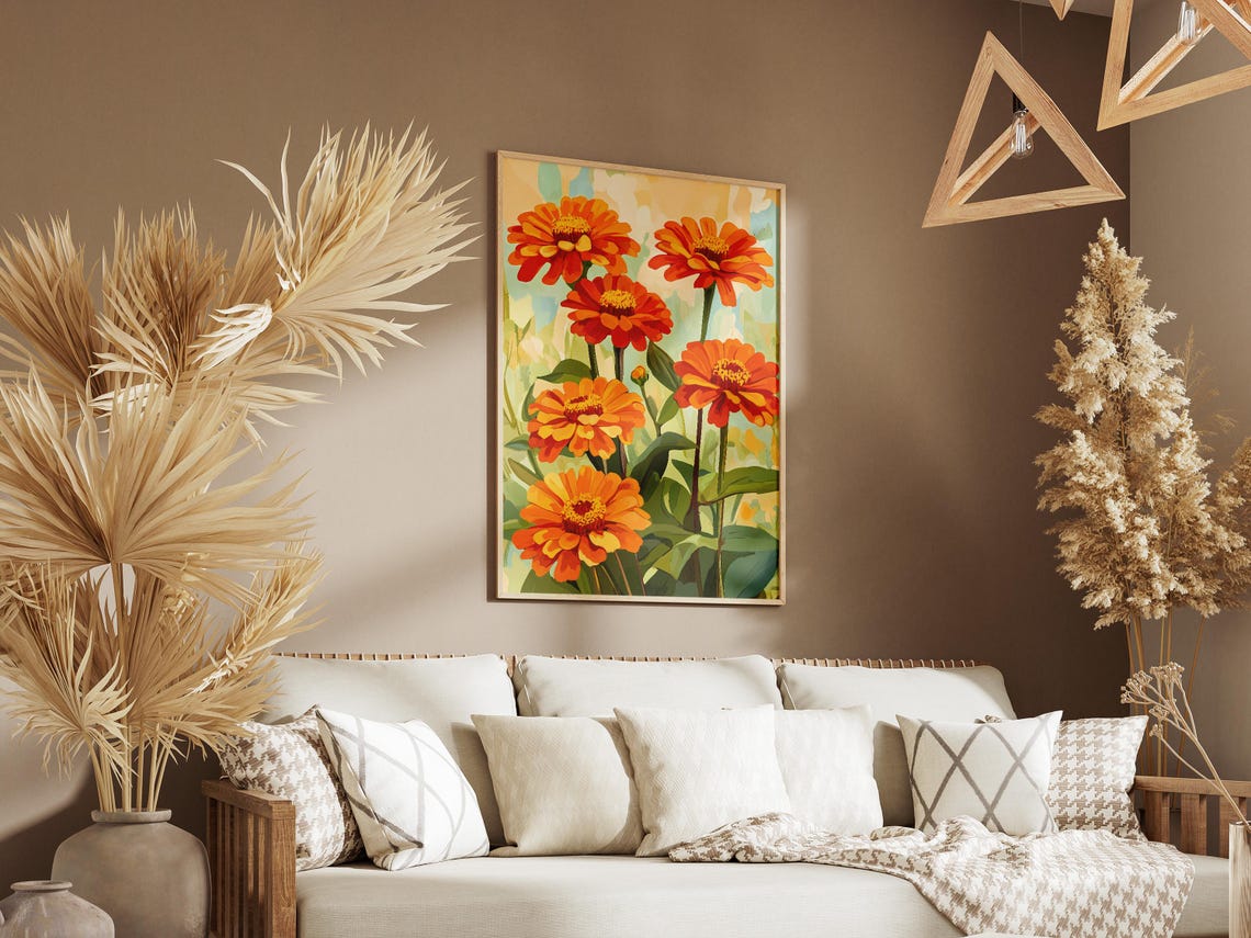 Orange Zinnia Flower Poster Summer Floral Art Print Botanical Wall Decor Orange Flower Painting Modern Home Decor Orange Zinnias Garden Art - Image 3