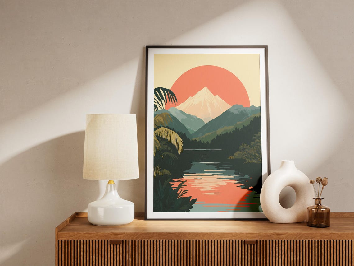 Coral Sunset Over Mountain And Jungle River Vintage Art Poster - Image 5