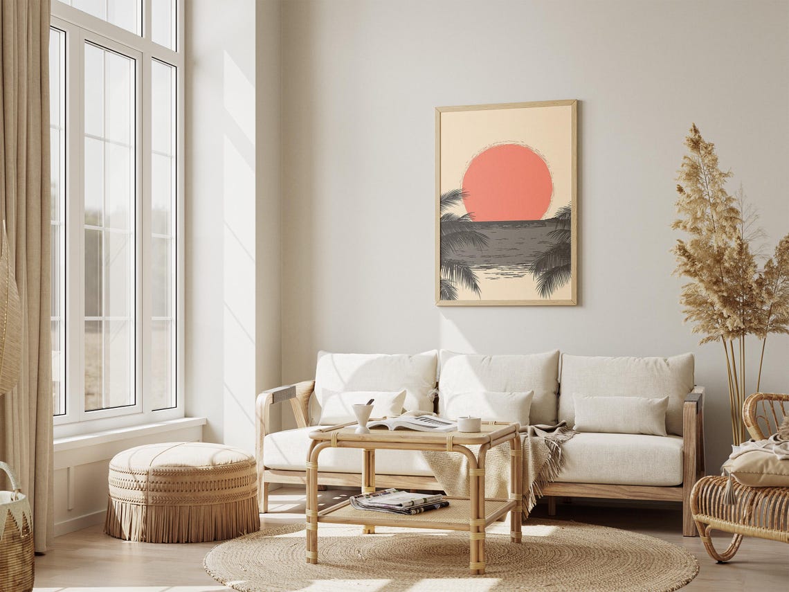 Coral Sun Setting Over the Ocean Framed by Palm Fronds Poster - Image 4