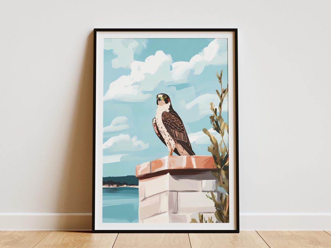 Peregrine Falcon Perched on a Coastal Chimney Bird Art Poster