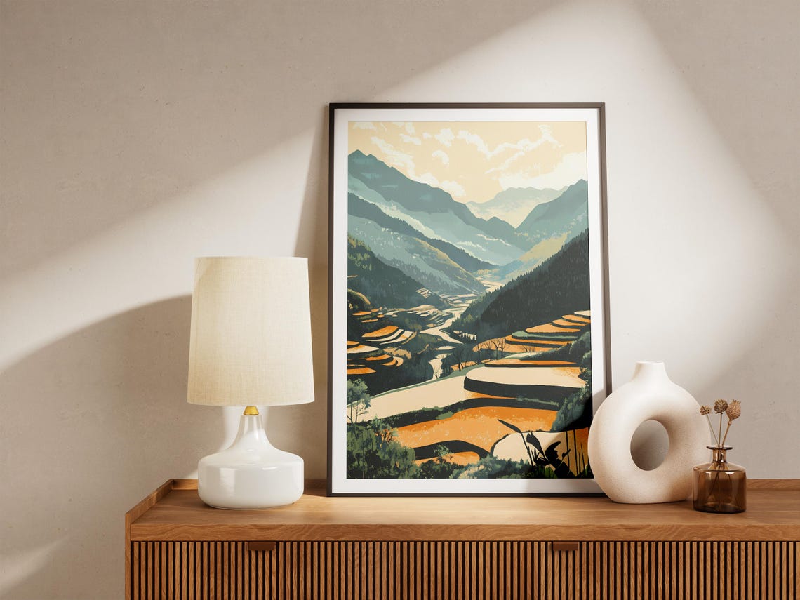 Huanglong Valley Golden Rice Terraces China Mountain Landscape Poster - Image 5