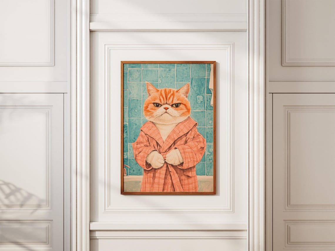 Grumpy Orange Cat In Pink Bathrobe Funny Bathroom Art Poster - Image 2