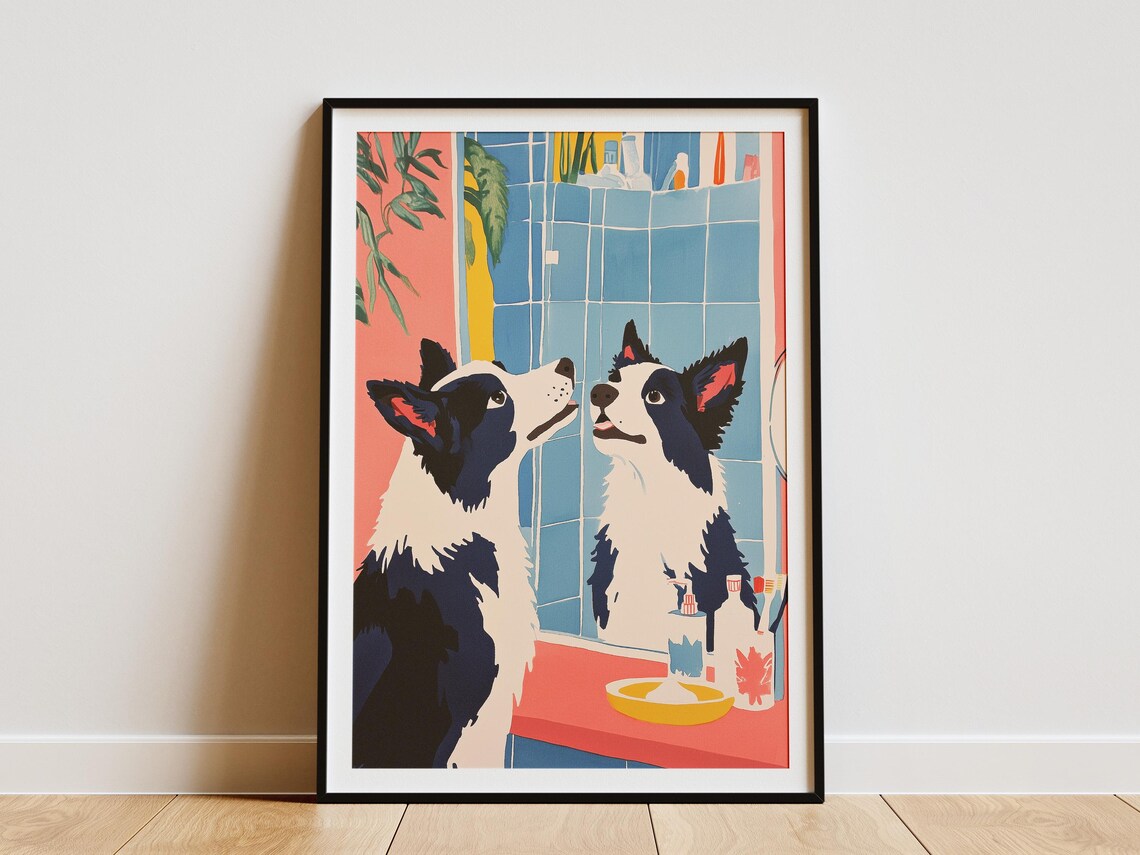 Border Collie Dog Print Cute Dog Art Pet Portrait Bathroom Print Modern Dog Poster Minimalist Pet Decor Funny Dog Poster Blue And Pink Wall
