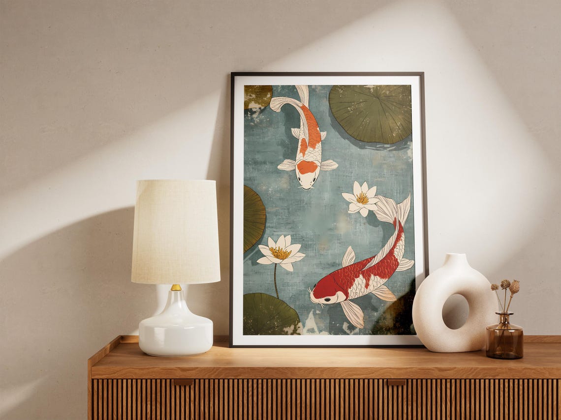 Koi Fish Pond Lotus Blossoms Lily Pads Japanese Painting Poster - Image 5