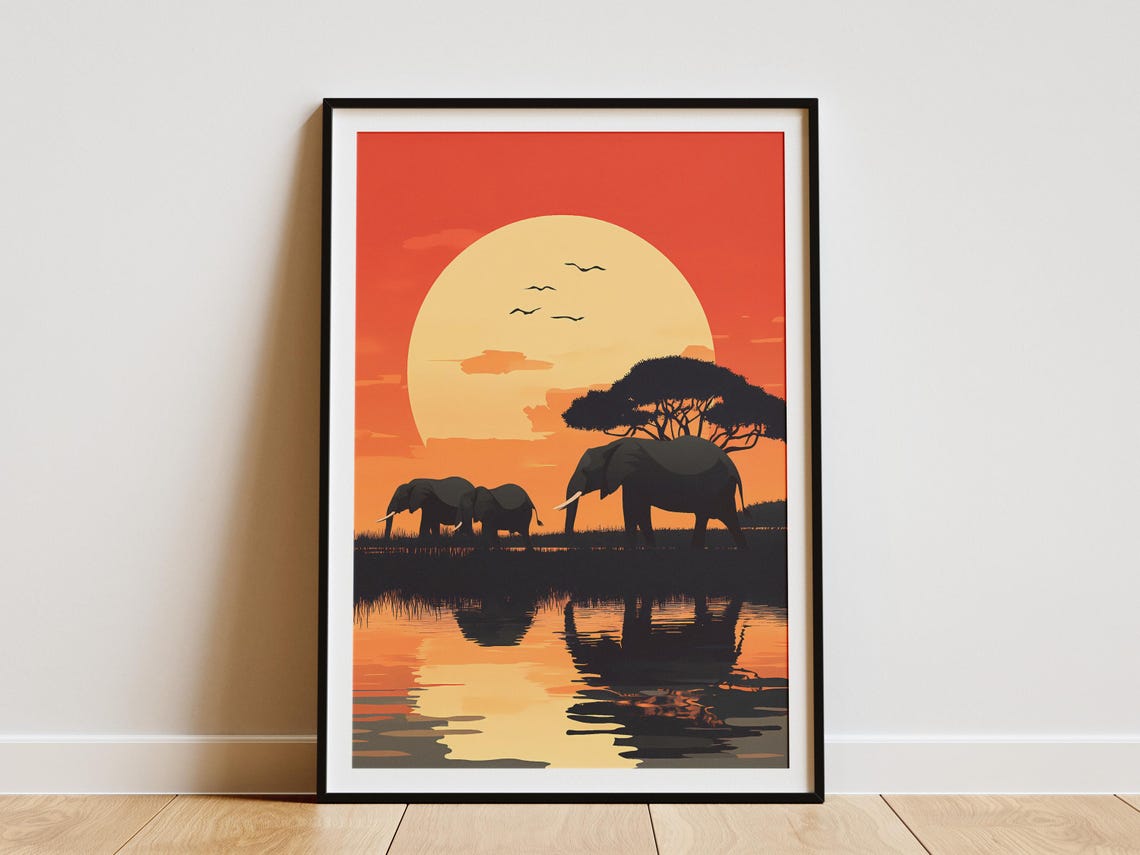 Botswana Safari Elephants Sunset Silhouette Wildlife Art Poster