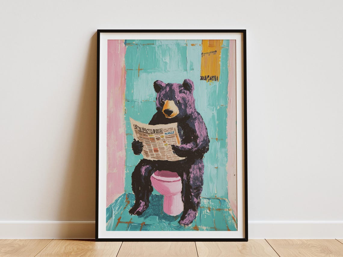 Funny Bear Reading Newspaper On A Pink Toilet Bathroom Poster