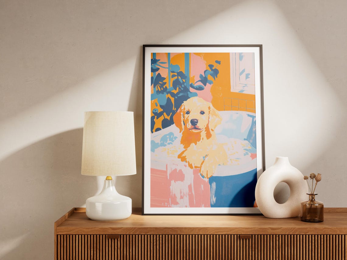Golden Retriever Puppy Tropical Bubble Bath Colorful Art Poster - Image 4