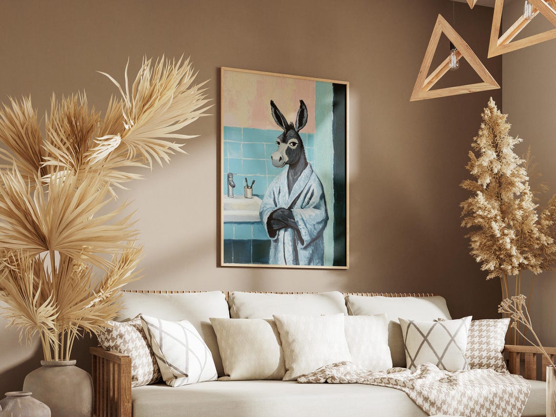 Donkey in Blue Bathrobe Funny Bathroom Animal Portrait Poster - Image 3