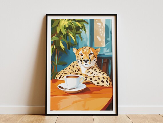 Regal Cheetah with a Coffee Cup at a Teal Window Cafe Table Poster