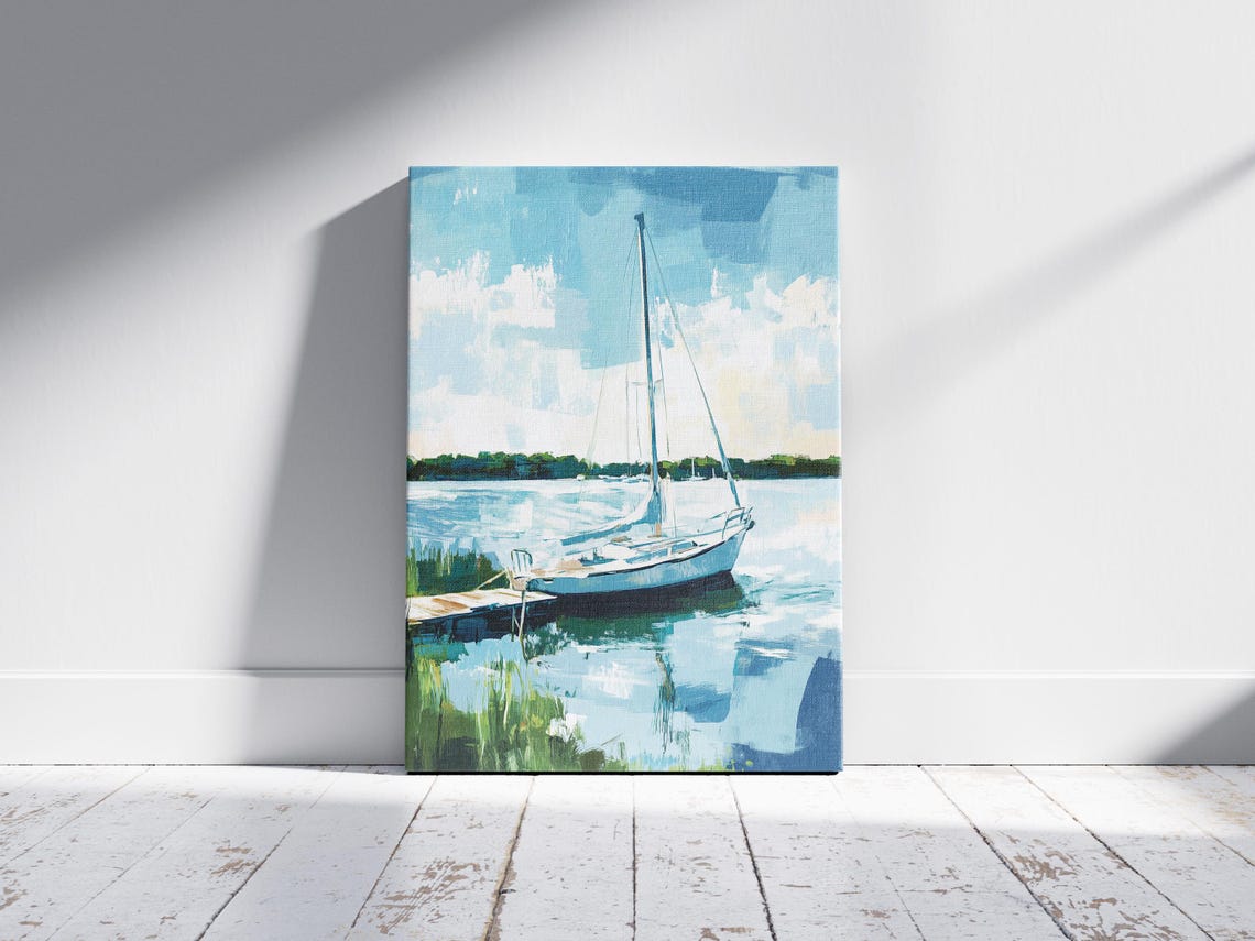 Sailboat on Calm Lake Lakeside Wooden Dock Summer Sailing Print - Image 2