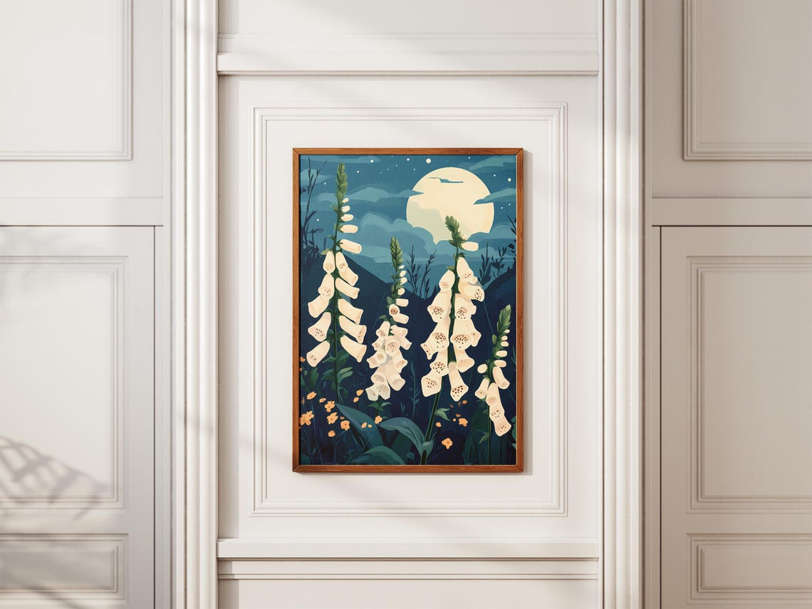 White Foxgloves Under a Full Moon Night Garden Botanical Poster - Image 2