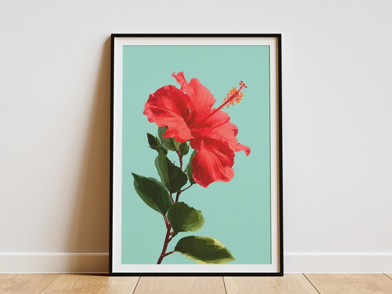 Red Hibiscus Flower Poster Print Hawaiian Floral Wall Art Tropical Photography Summer Home Decor
