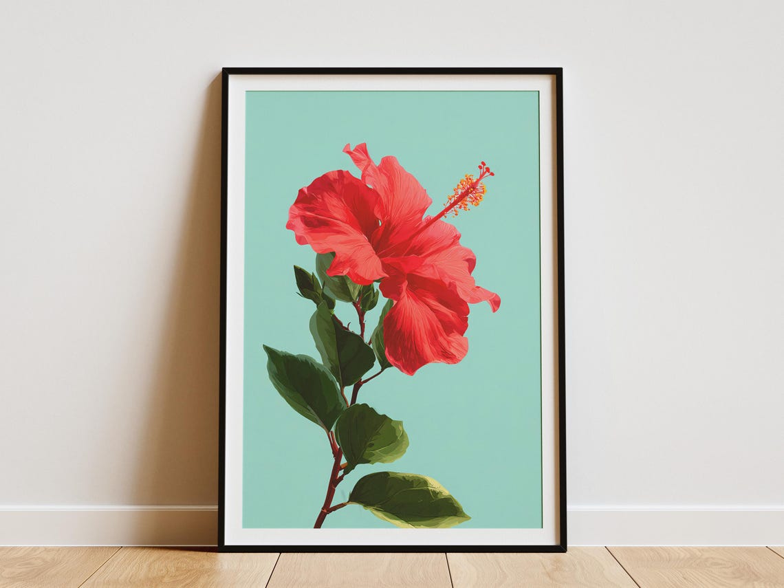 Red Hibiscus Flower Single Bloom On Mint Green Background Poster