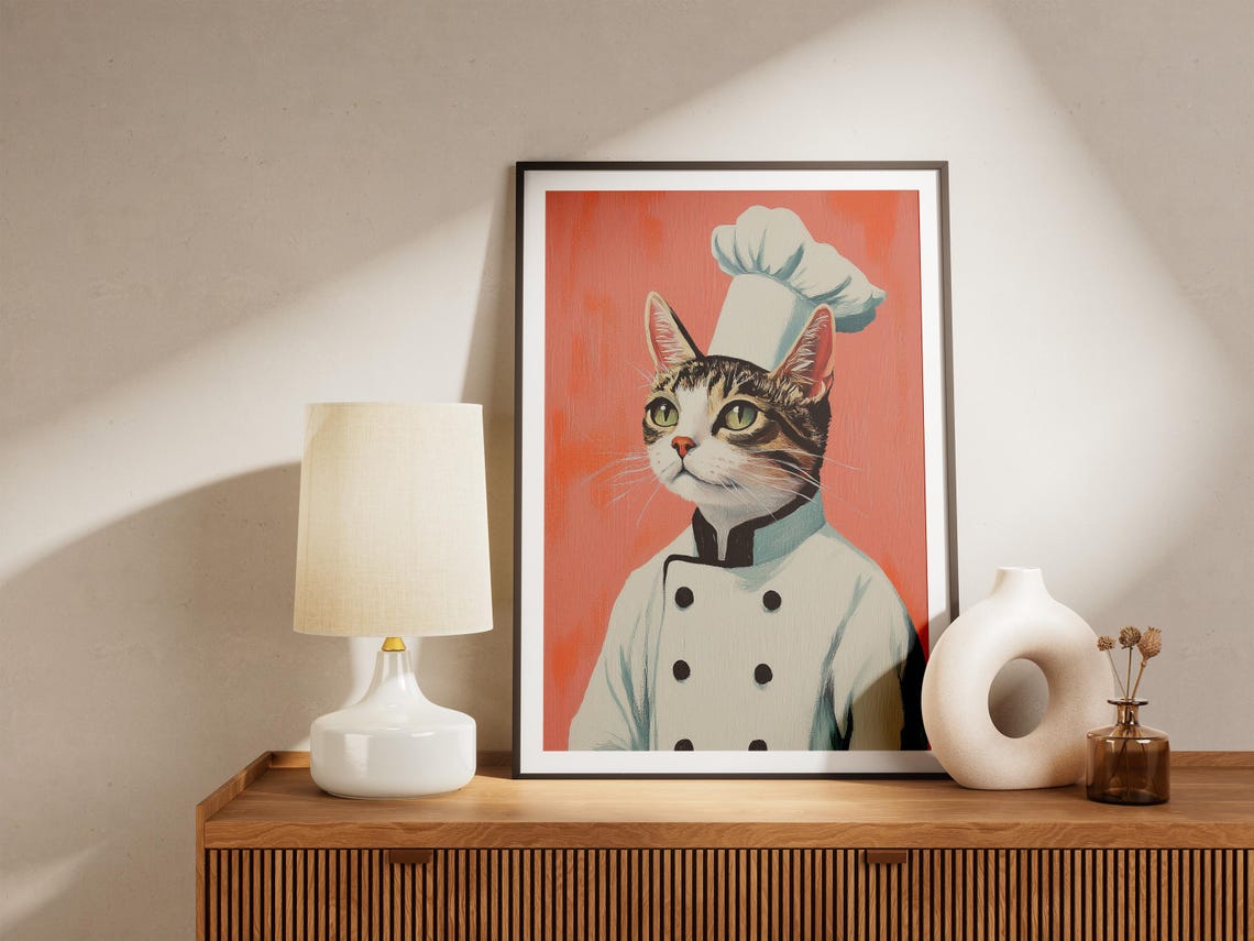 Tabby Cat Chef Portrait Green Eyes Cute Kitchen Decor Poster - Image 4