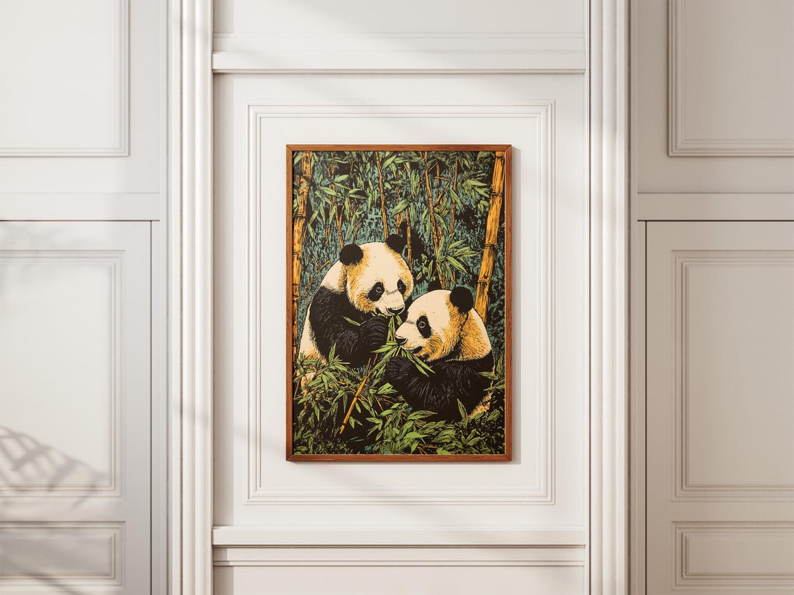 Two Giant Pandas Eating Bamboo Forest Vintage Wildlife Poster - Image 2