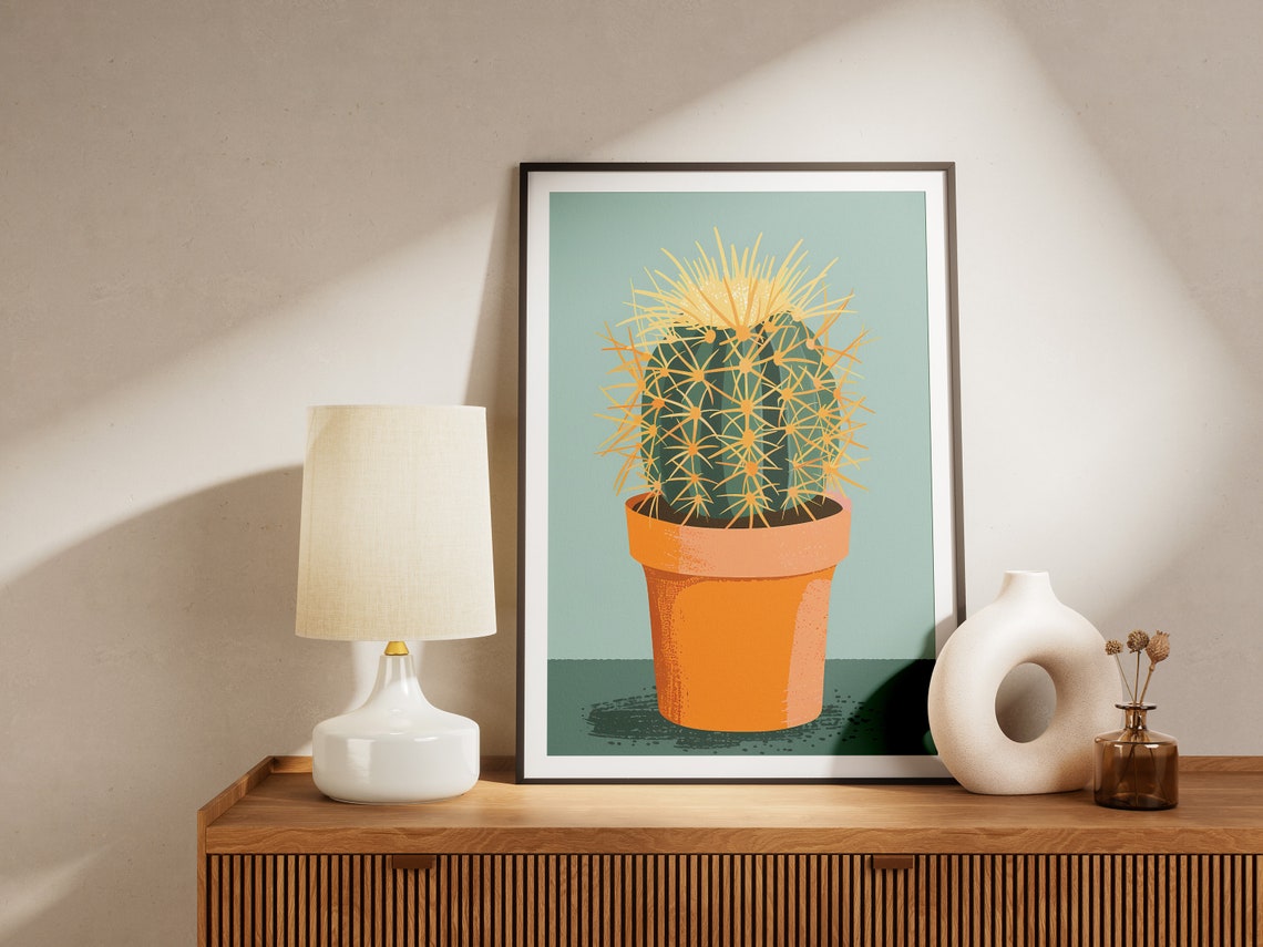 Golden Barrel Cactus Terracotta Pot Sunny Desert Minimalist Poster - Image 2