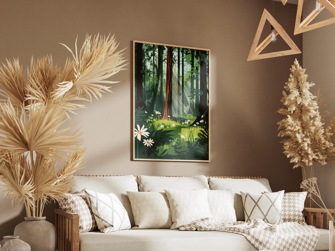 Sunlit Redwood Forest Clearing Daisy Meadow Botanical Poster - Image 3