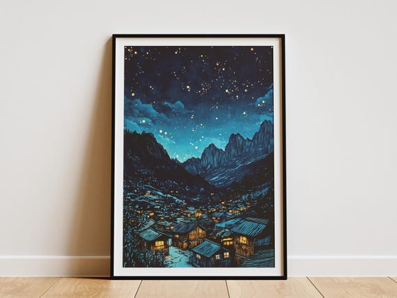 Mountain Village Night Sky Poster Starry Landscape Print Celestial Art Dark Blue Wall Decor Home Gift For Her