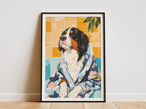 Bernese Mountain Dog Bathrobe Bathroom Art Print Lover Gift Funny Animal Poster Pet Portrait Wall Decor