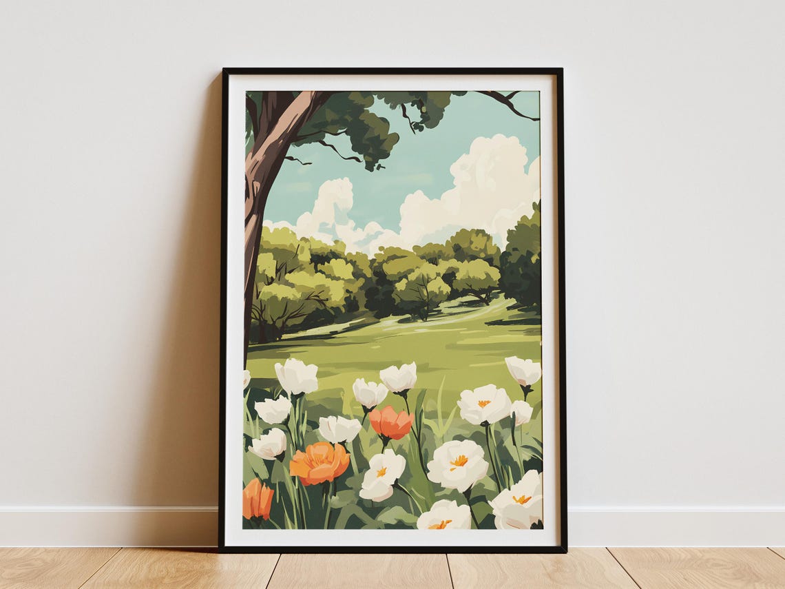 Sunny Forest Meadow With White And Orange Tulips Under Tree Poster