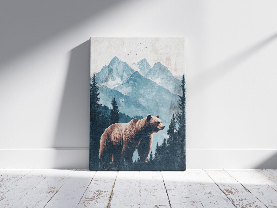 Brown Bear in a Mountain Landscape Teal Hued Wildlife Poster - Image 2