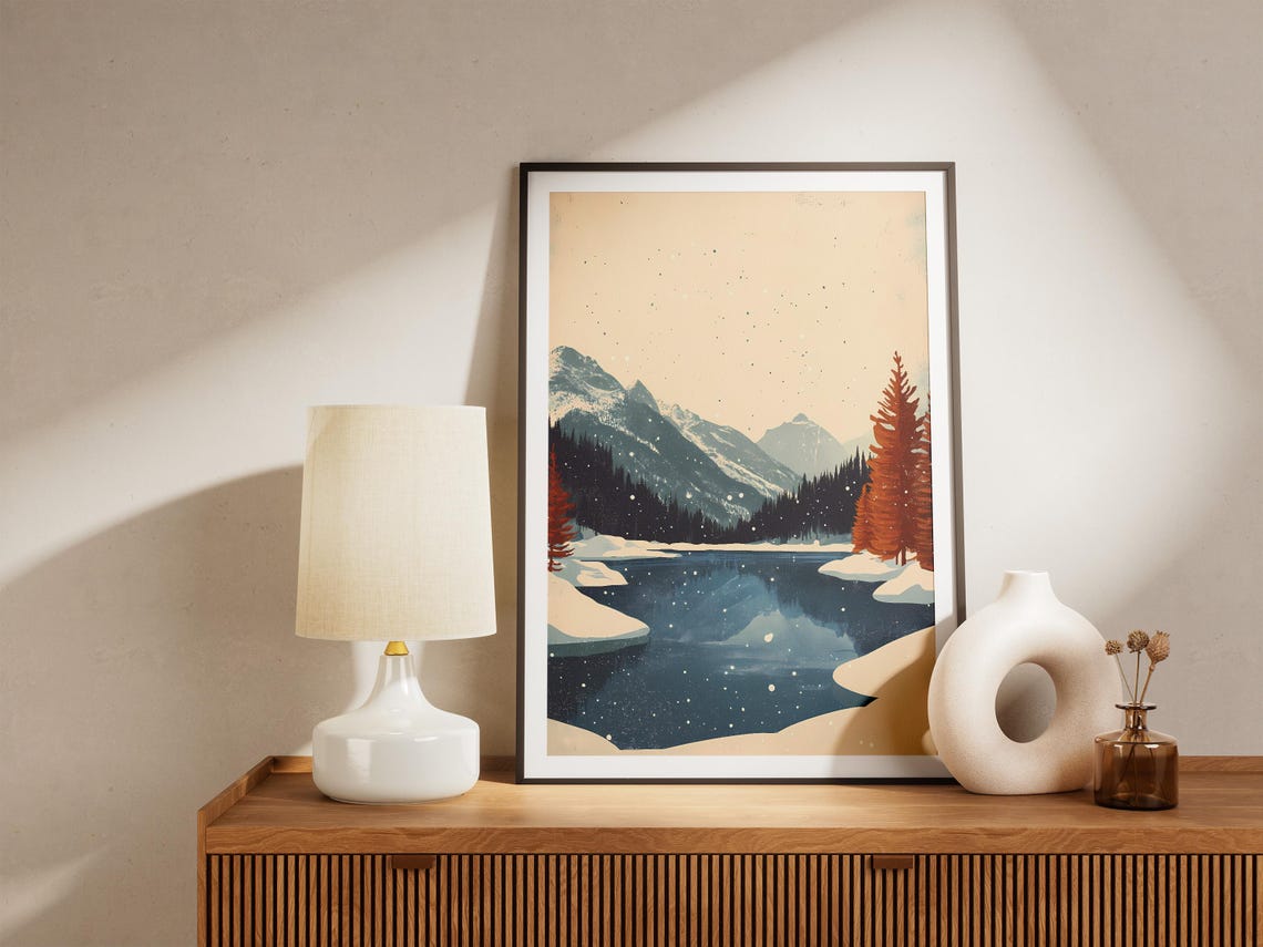 Winter Wonderland Frozen Lake Vintage Travel Poster Christmas Holiday Print Snowy Mountains Landscape Art Holiday Decor Cabin Decor Winter - Image 5