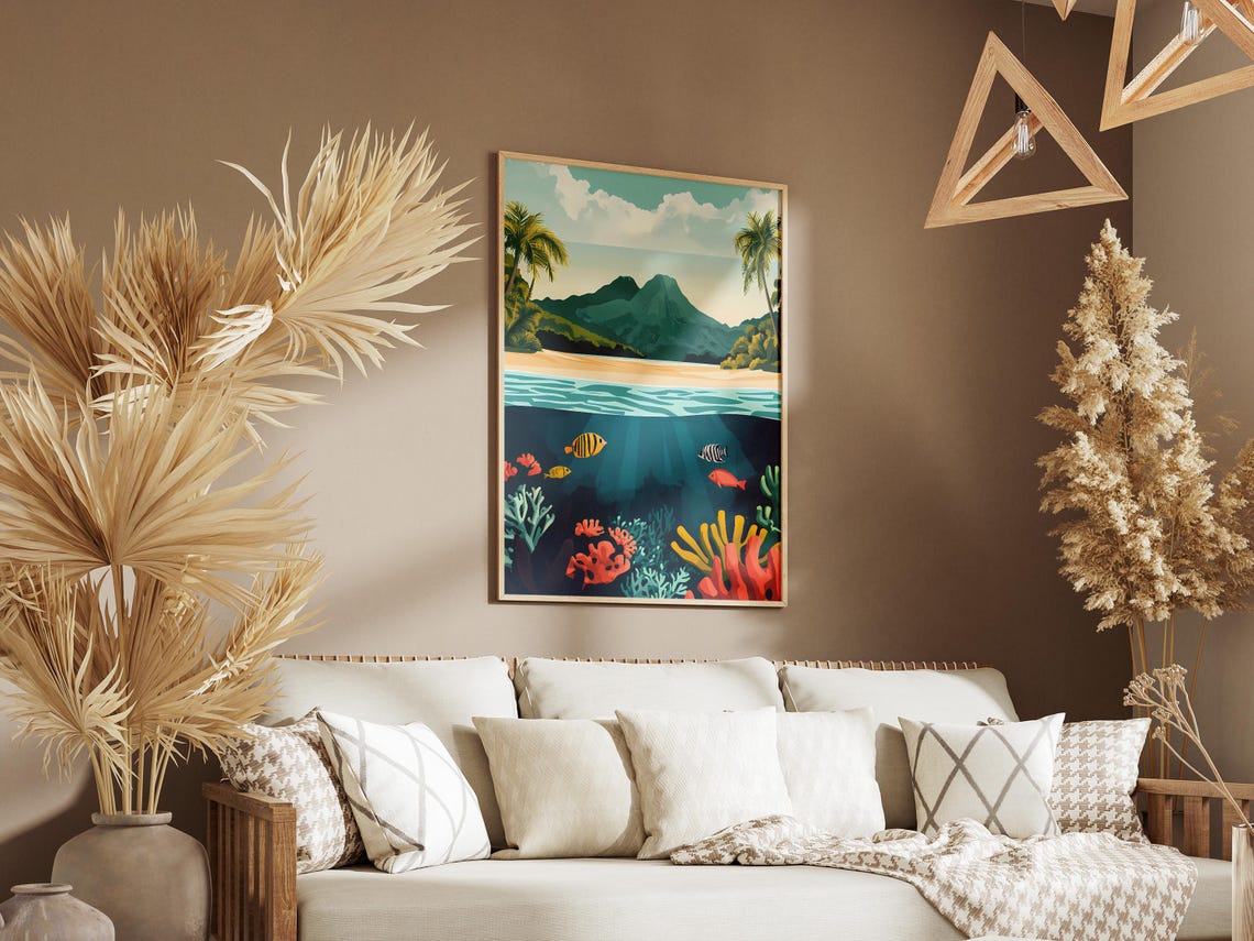 Tropical Island Beach Above Coral Reef Underwater Split View Poster - Image 3
