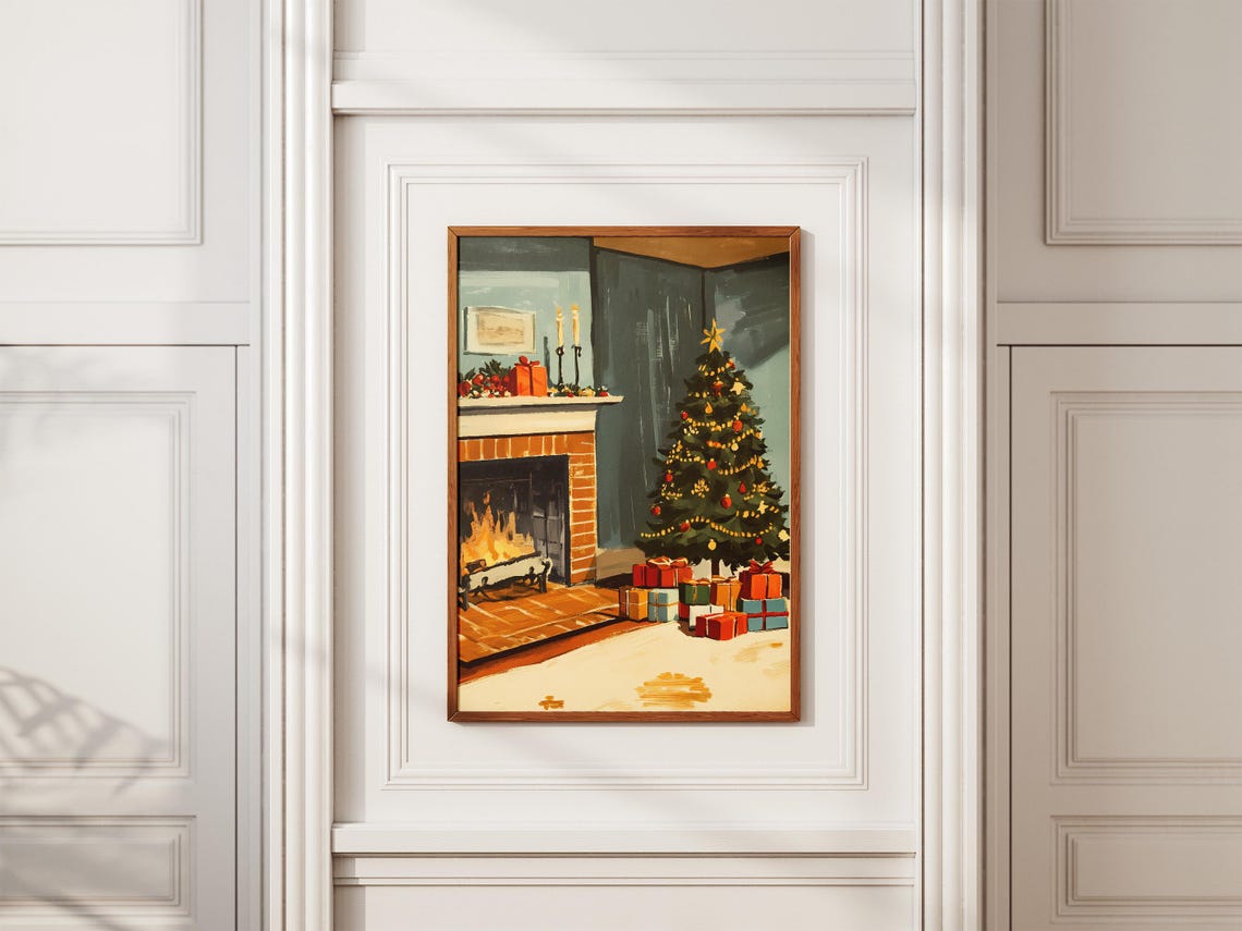 Christmas Tree by Fireplace Vintage Illustration Holiday Poster - Image 2