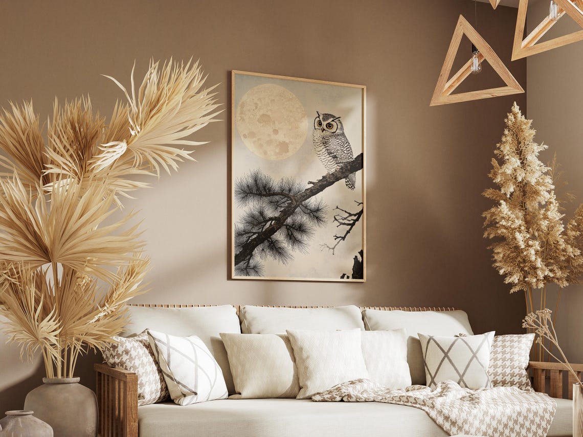 Owl Perched on Pine Branch Beneath Full Moon Japanese Art Poster - Image 3