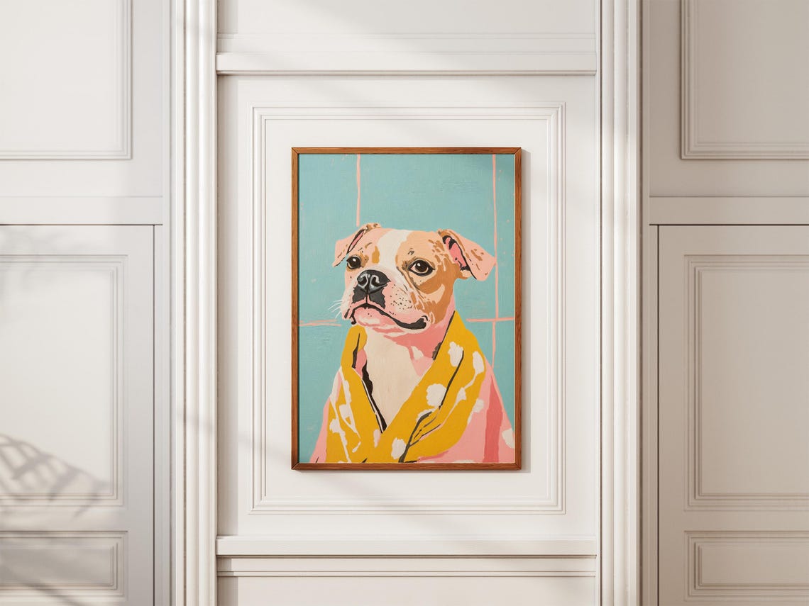 Staffy Puppy in Yellow Floral Bathrobe Teal Tile Bathroom Poster - Image 2