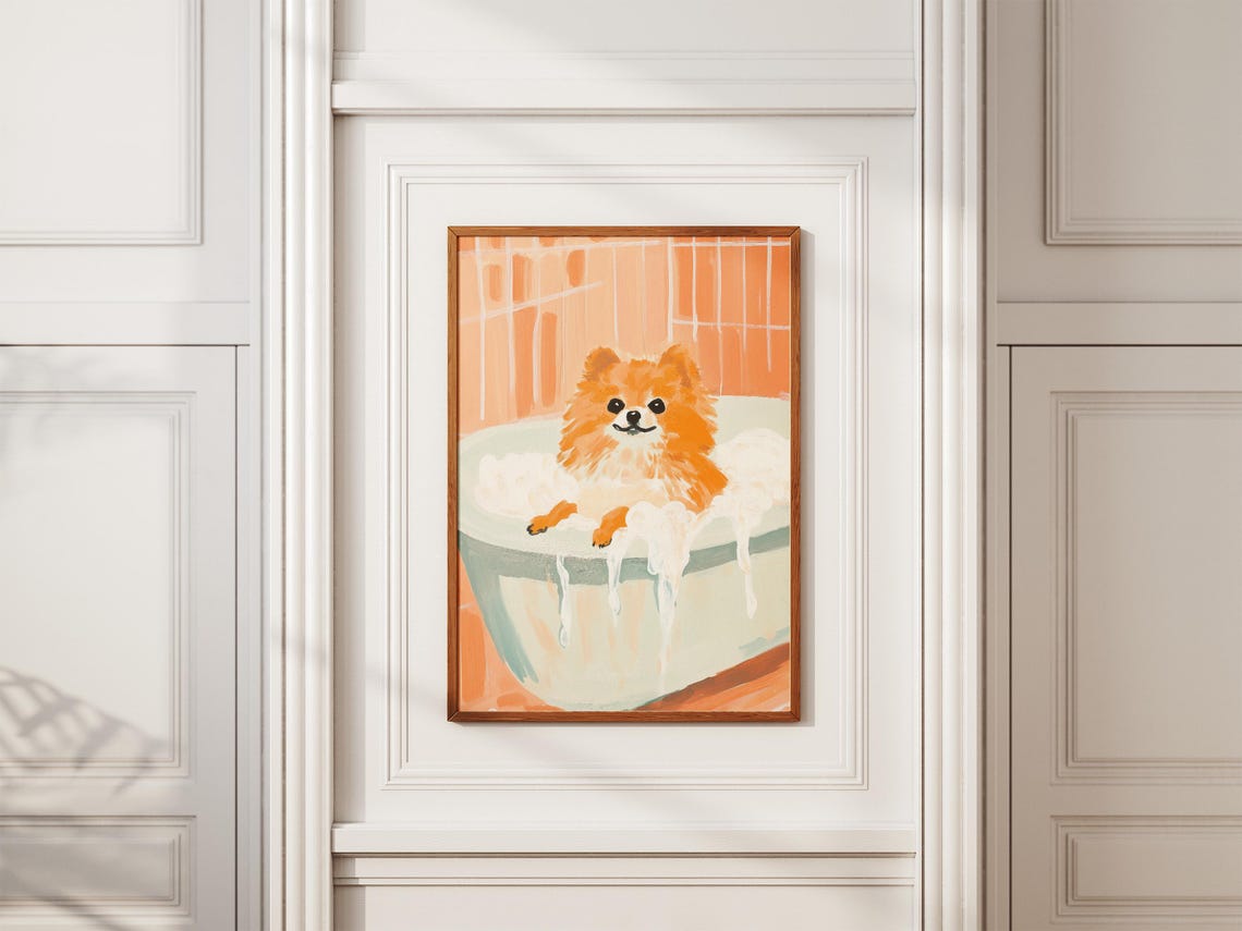 Fluffy Pomeranian Bubble Bath Peach Tile Painterly Dog Poster - Image 2