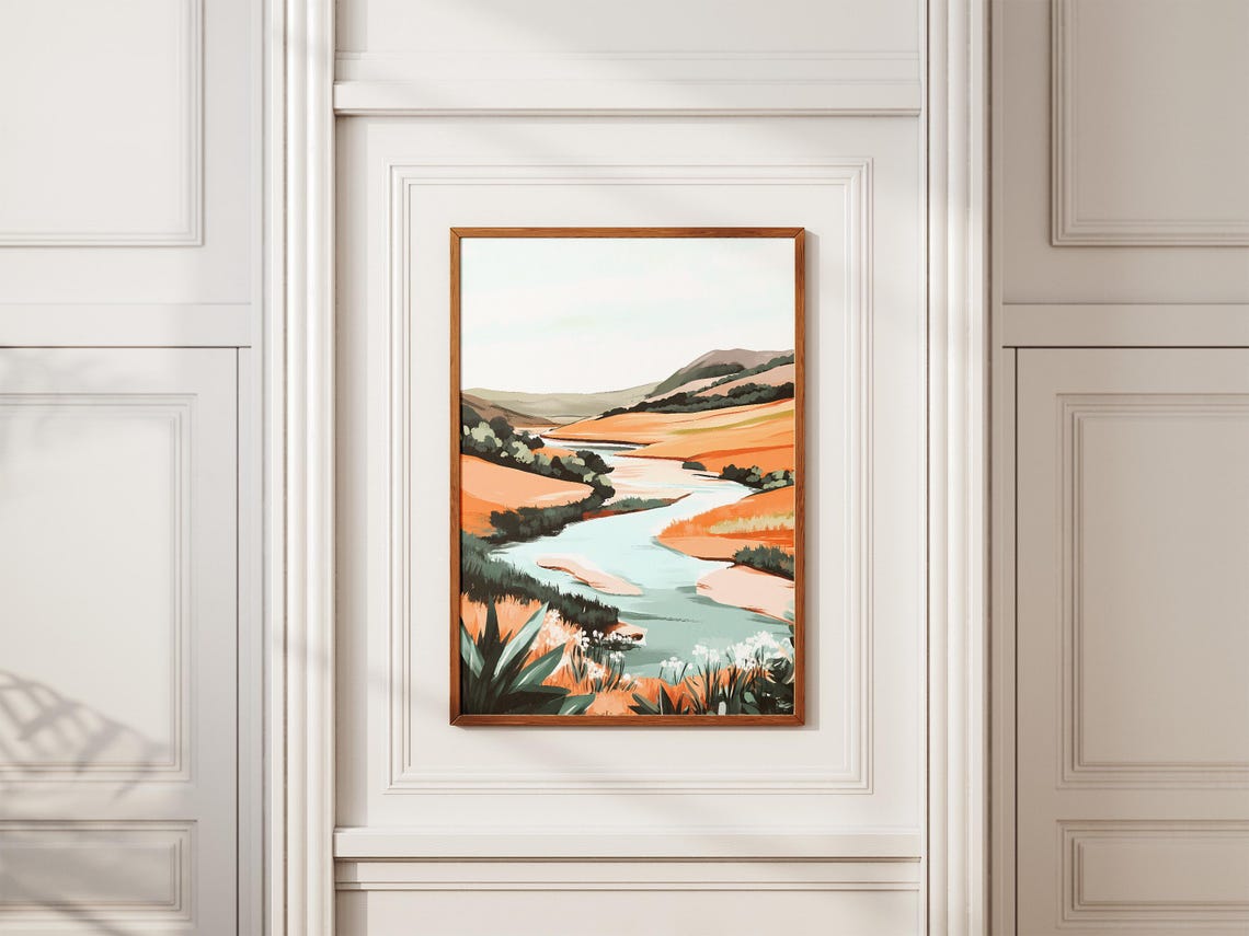 Winding River Through Orange Rolling Hills Abstract Art Poster - Image 2