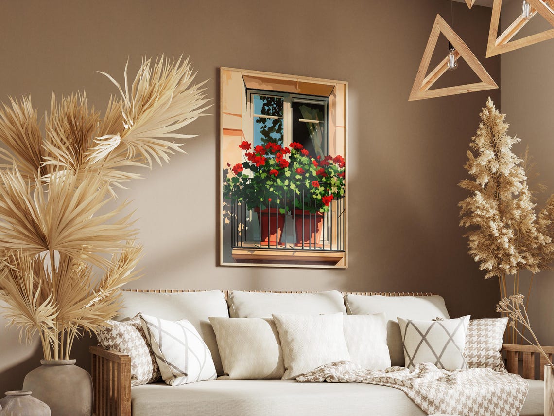 Red Geranium Balcony Pots Sunlit Window Planter Flower Poster - Image 3