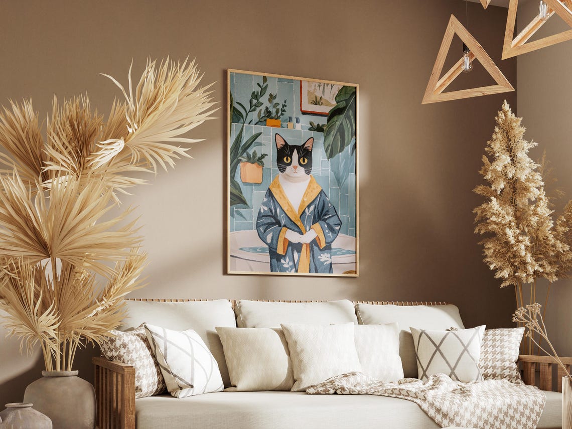 Tuxedo Cat Standing in a Blue and Gold Bathrobe Bathroom Poster - Image 3