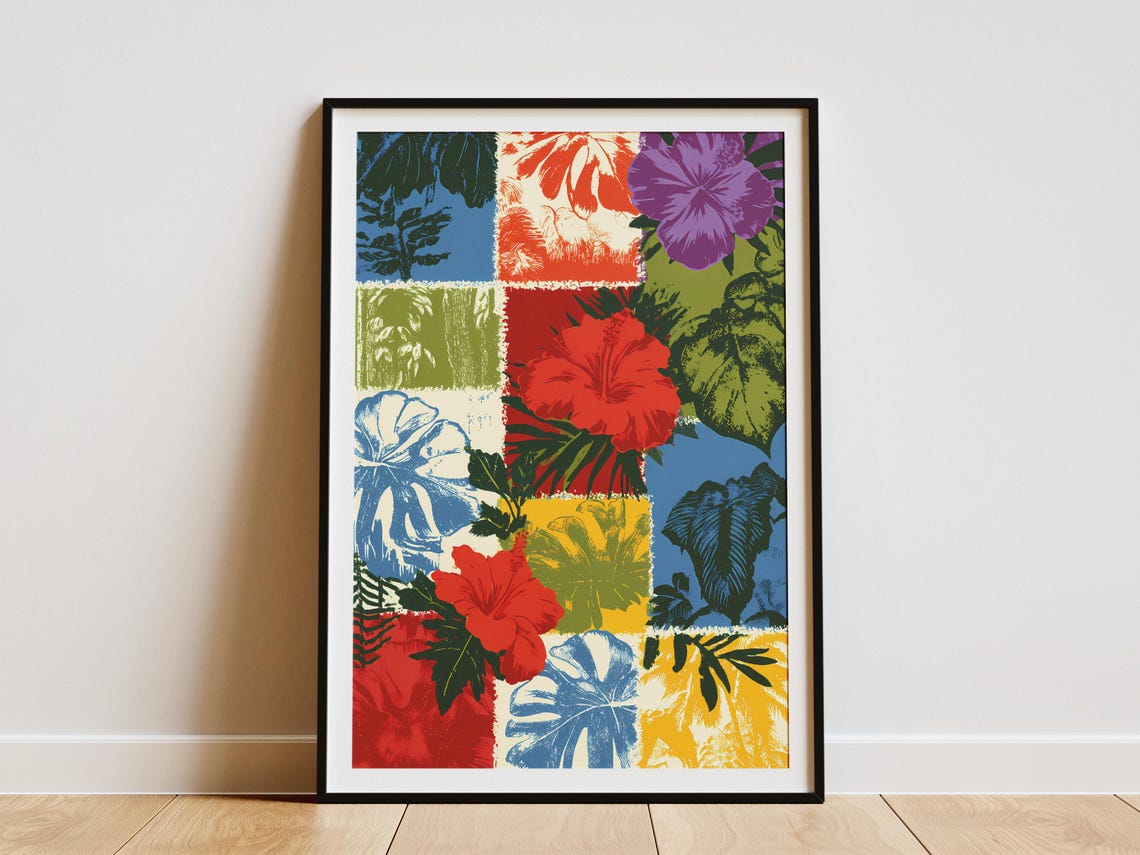 Hibiscus Flower Patchwork Tropical Collage Retro Colorful Art Poster