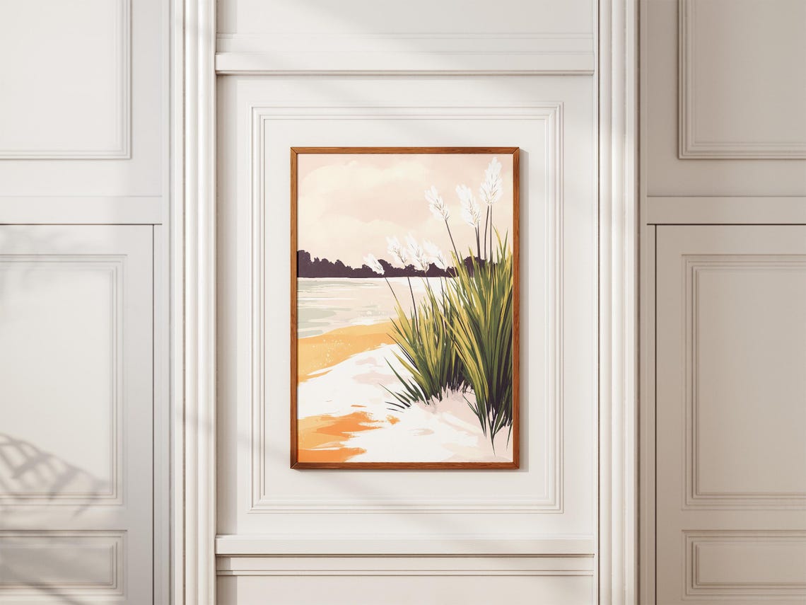 Frosted Reeds by a Calm River at Dawn in Minimalist Style Poster - Image 2