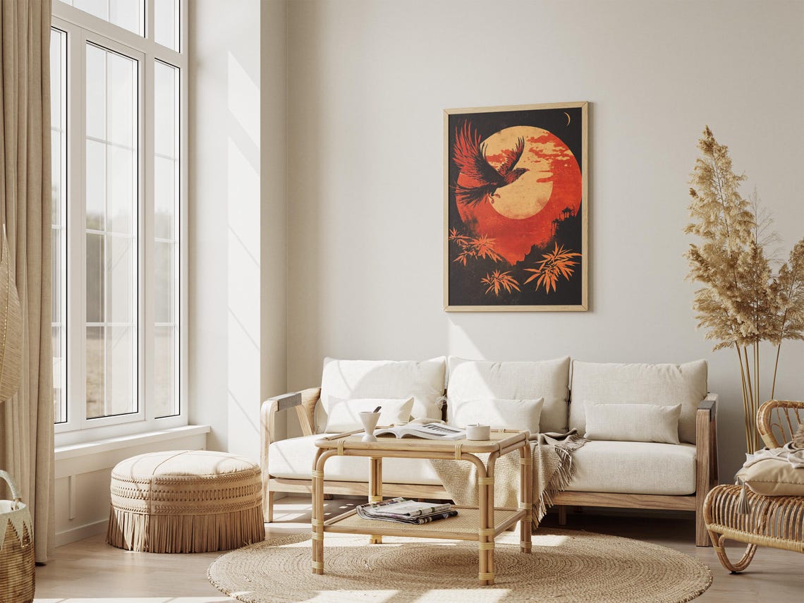 Phoenix Soaring Before Giant Red Sun Japanese Style Art Poster - Image 4