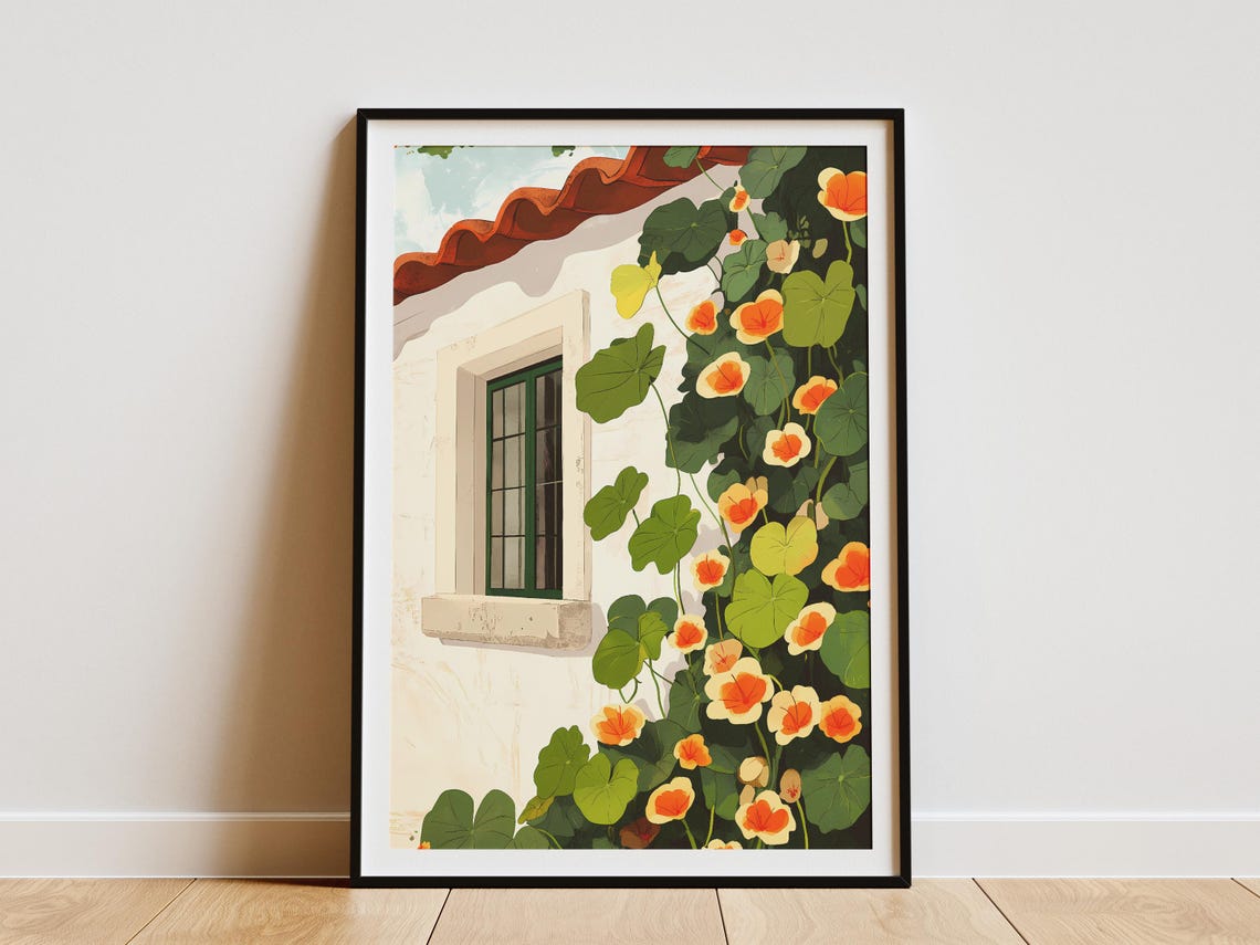 Nasturtium Bloom Cottage Window Mediterranean Garden Wall Poster