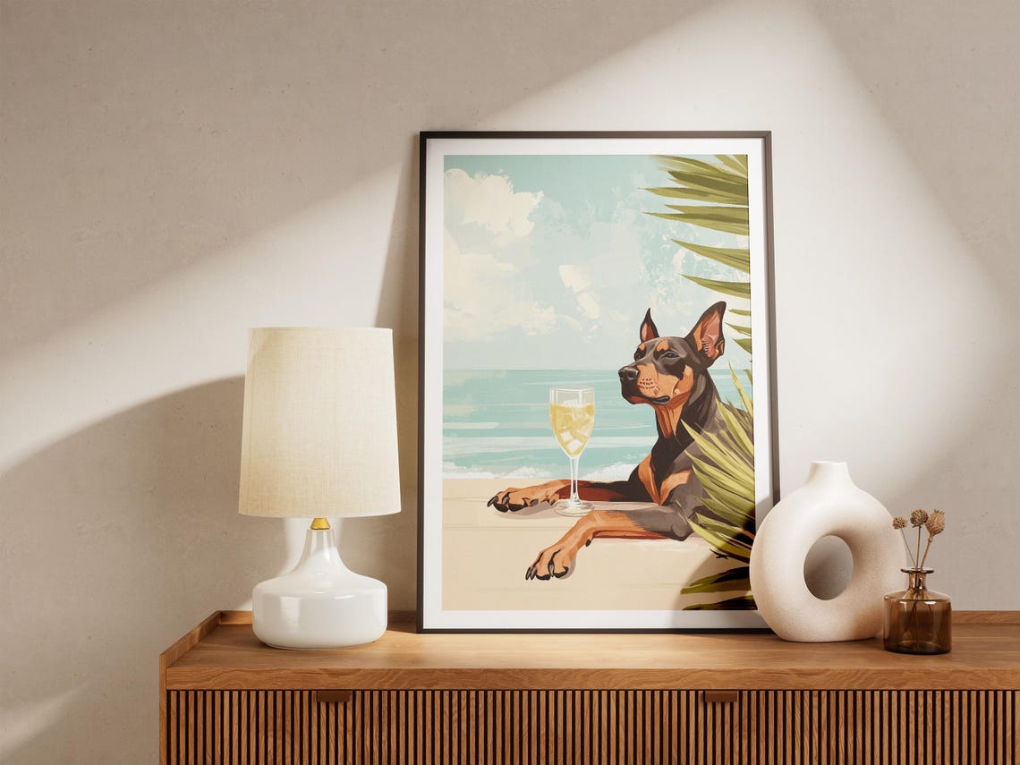 Doberman Pinscher Relaxing With White Wine At Beach Table Poster - Image 5