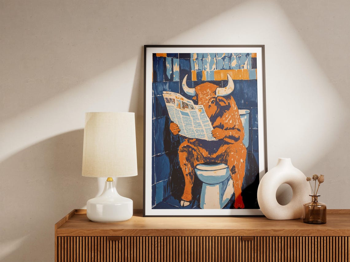 Orange Bison Reading the Newspaper While on the Toilet Poster - Image 5