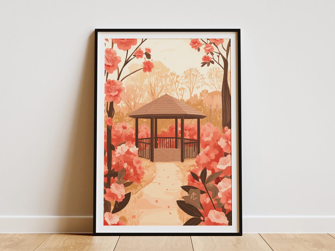Camellia Garden Wooden Gazebo Blush Blossom Retreat Art Poster