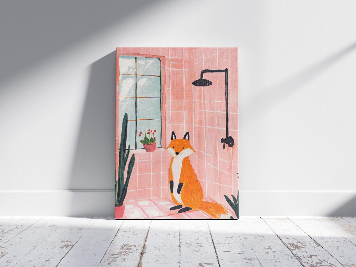 Fox in a Pink Tiled Shower Cute Animal Bathroom Decor Poster - Image 2