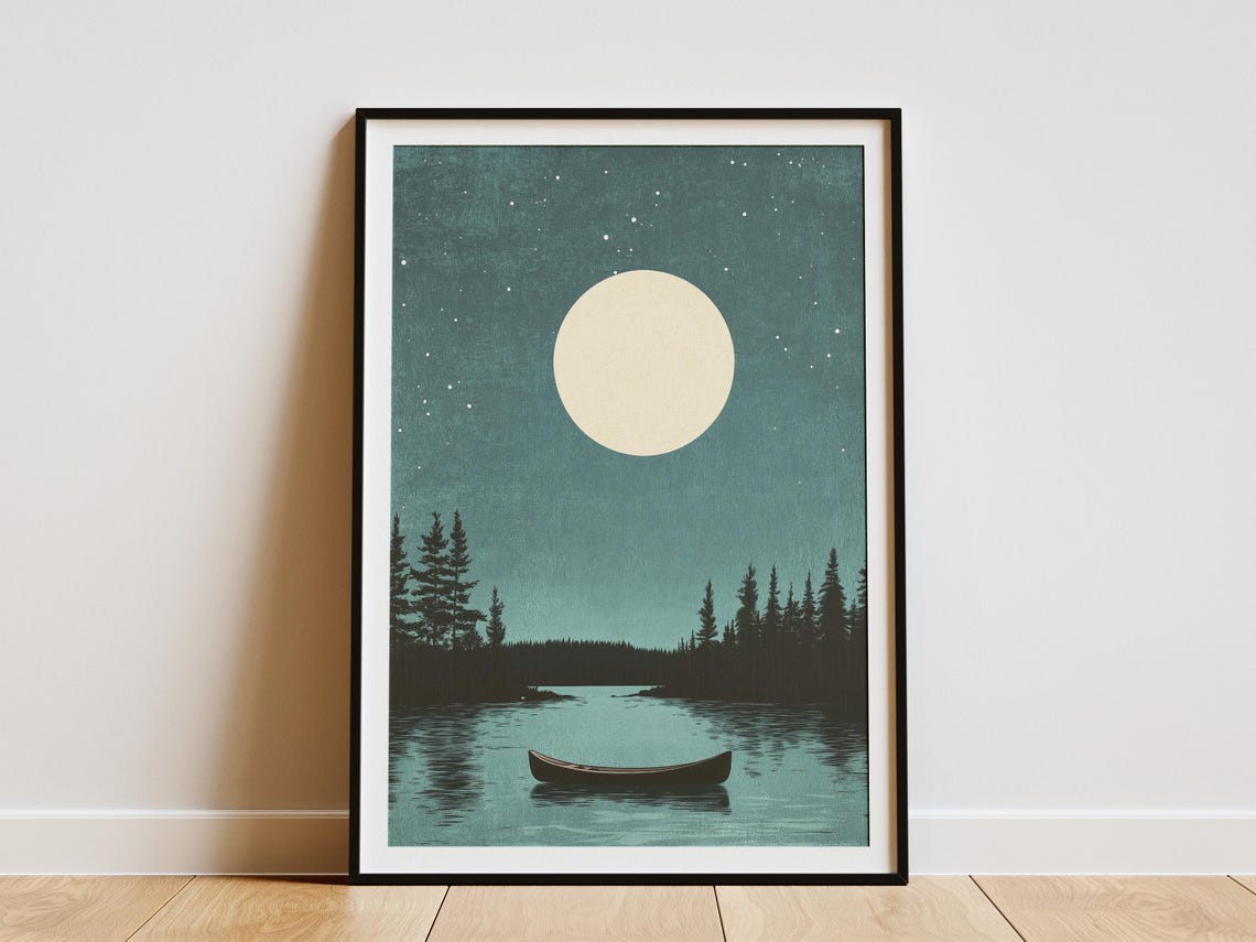 Minnesota Boundary Waters Moonlit Canoe Lake Vintage Travel Poster