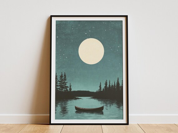 Minnesota Boundary Waters Moonlit Canoe Lake Vintage Travel Poster