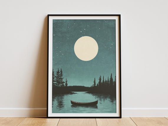 Minnesota Boundary Waters Poster Moonlit Scene Print Vintage Style Art Cabin Decor Lake Canoe Travel Bwca