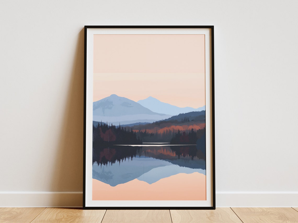 Still Mountain Lake Reflection Beneath a Soft Peach Sky Print
